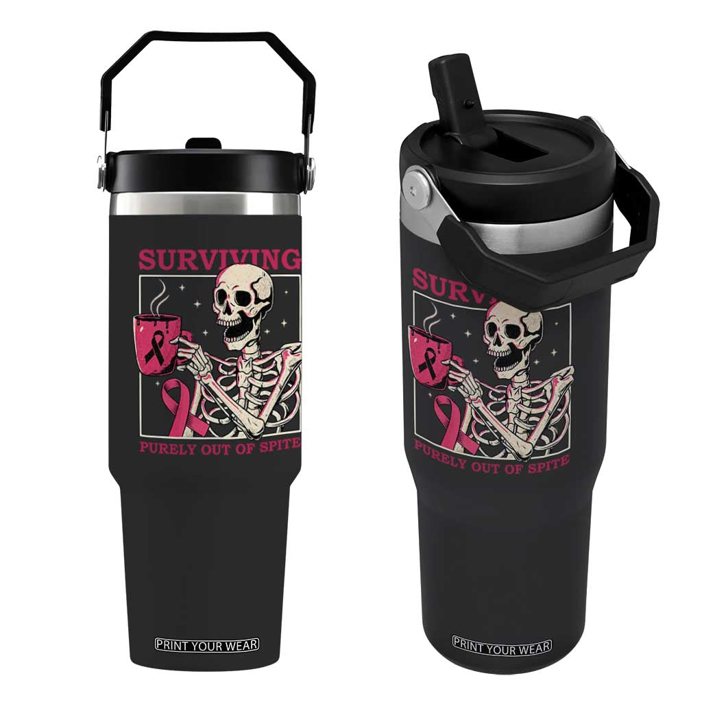 Funny Breast Cancer Skeleton Drinking Coffee Flip Straw Tumbler Surviving Purely Out Of Spite Pink Ribbon Warrior TS02 One Size: 30 oz Black Print Your Wear
