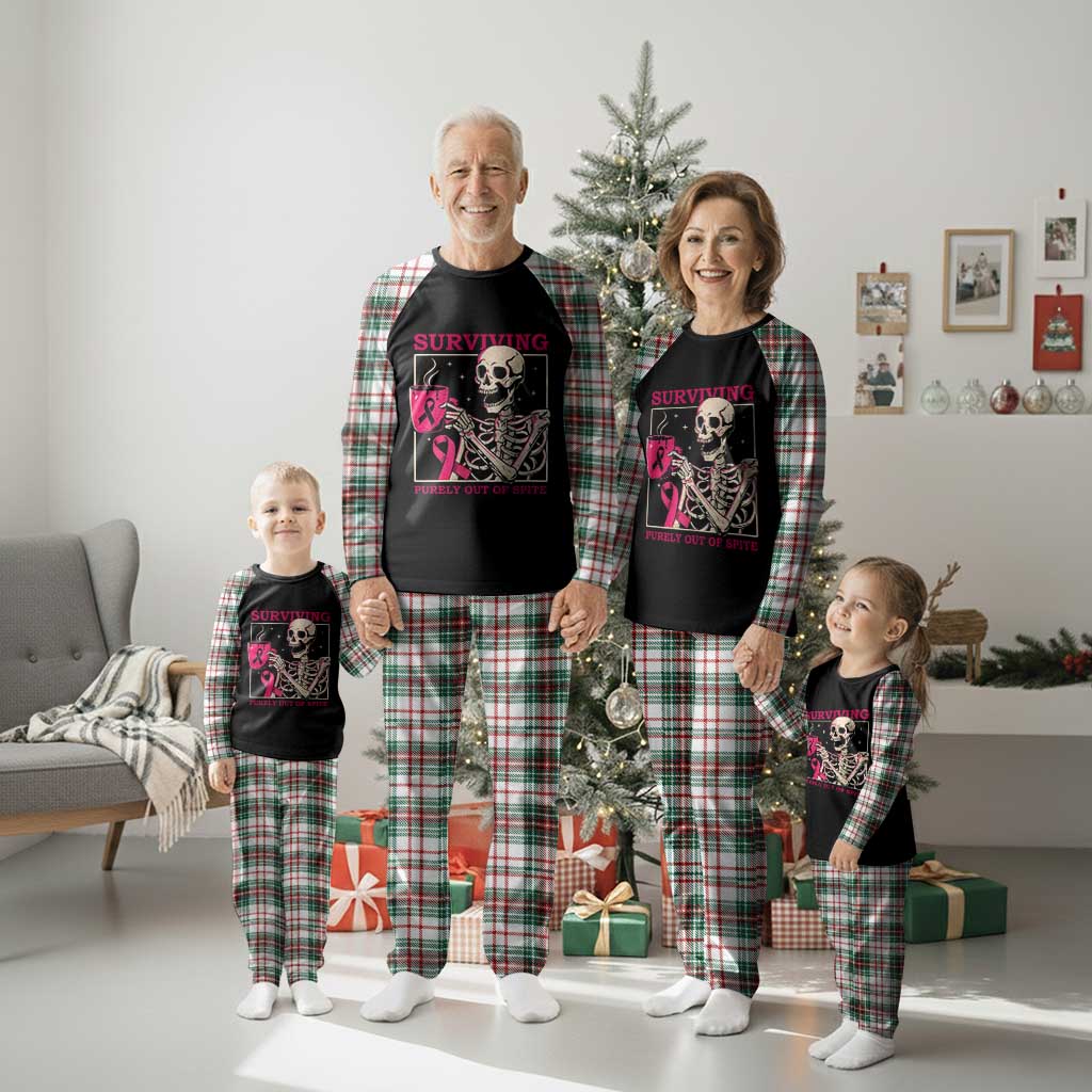 Funny Breast Cancer Skeleton Drinking Coffee Plaid Pajama Set Surviving Purely Out Of Spite Pink Ribbon Warrior