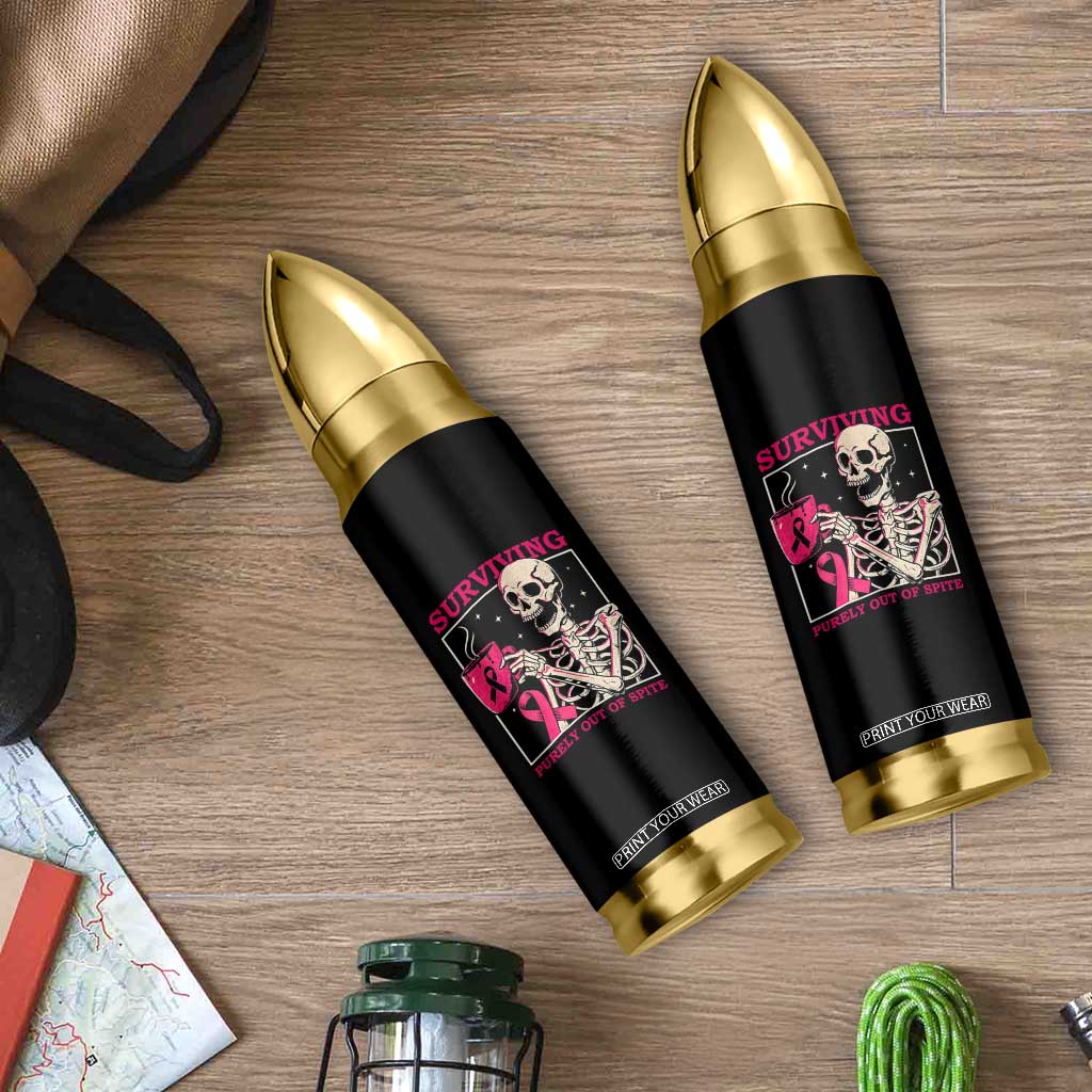 Funny Breast Cancer Skeleton Drinking Coffee Bullet Tumbler Surviving Purely Out Of Spite Pink Ribbon Warrior