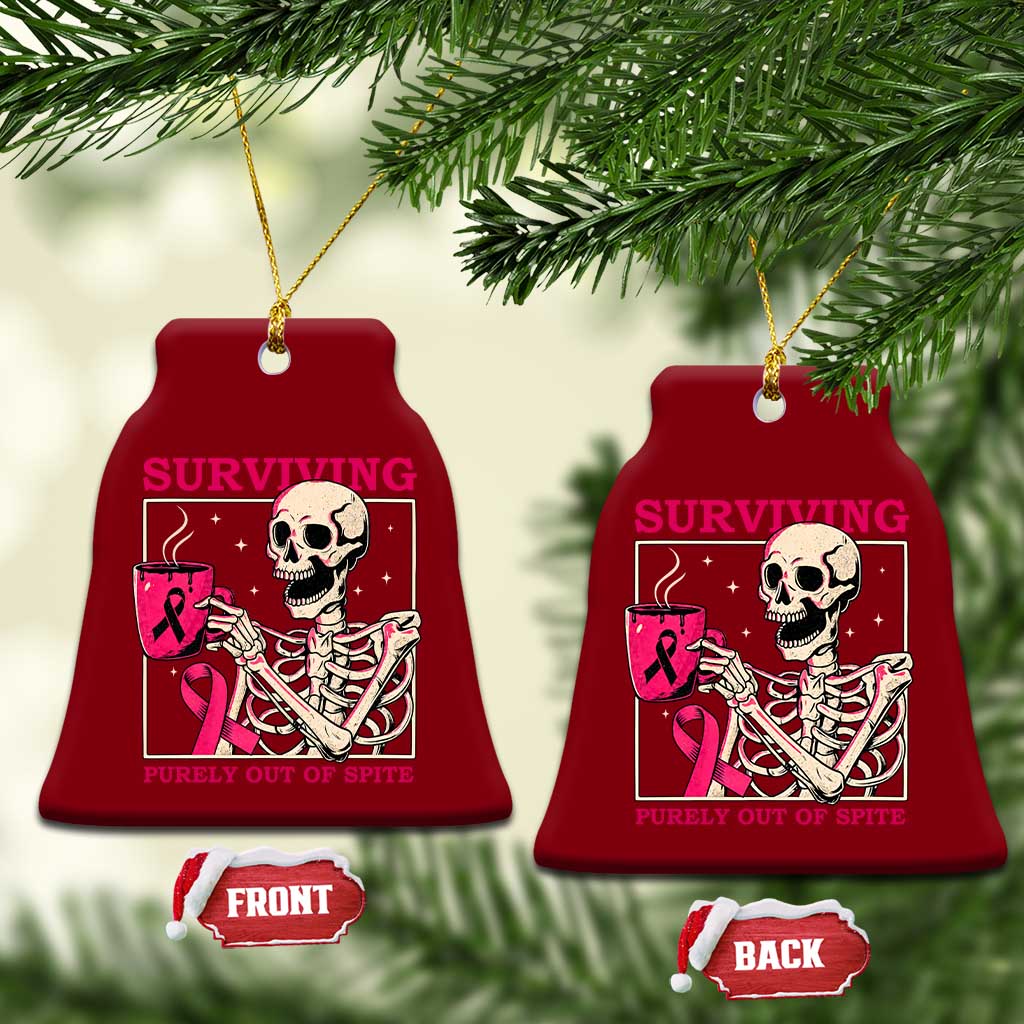 Funny Breast Cancer Skeleton Drinking Coffee Ceramic Ornament Surviving Purely Out Of Spite Pink Ribbon Warrior