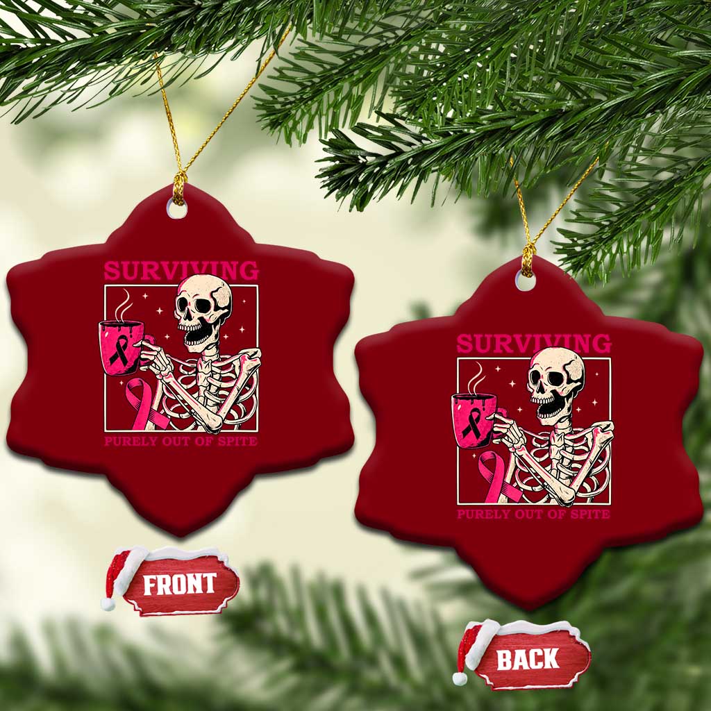 Funny Breast Cancer Skeleton Drinking Coffee Ceramic Ornament Surviving Purely Out Of Spite Pink Ribbon Warrior