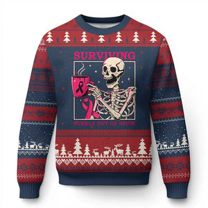 Funny Breast Cancer Skeleton Drinking Coffee Ugly Christmas Sweater Surviving Purely Out Of Spite Pink Ribbon Warrior