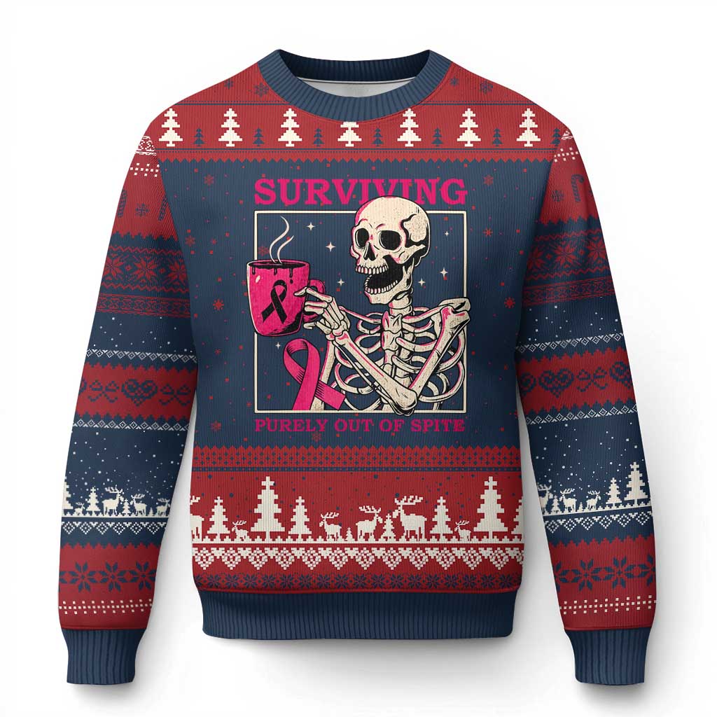 Funny Breast Cancer Skeleton Drinking Coffee Ugly Christmas Sweater Surviving Purely Out Of Spite Pink Ribbon Warrior TS02 Navy Red Print Your Wear
