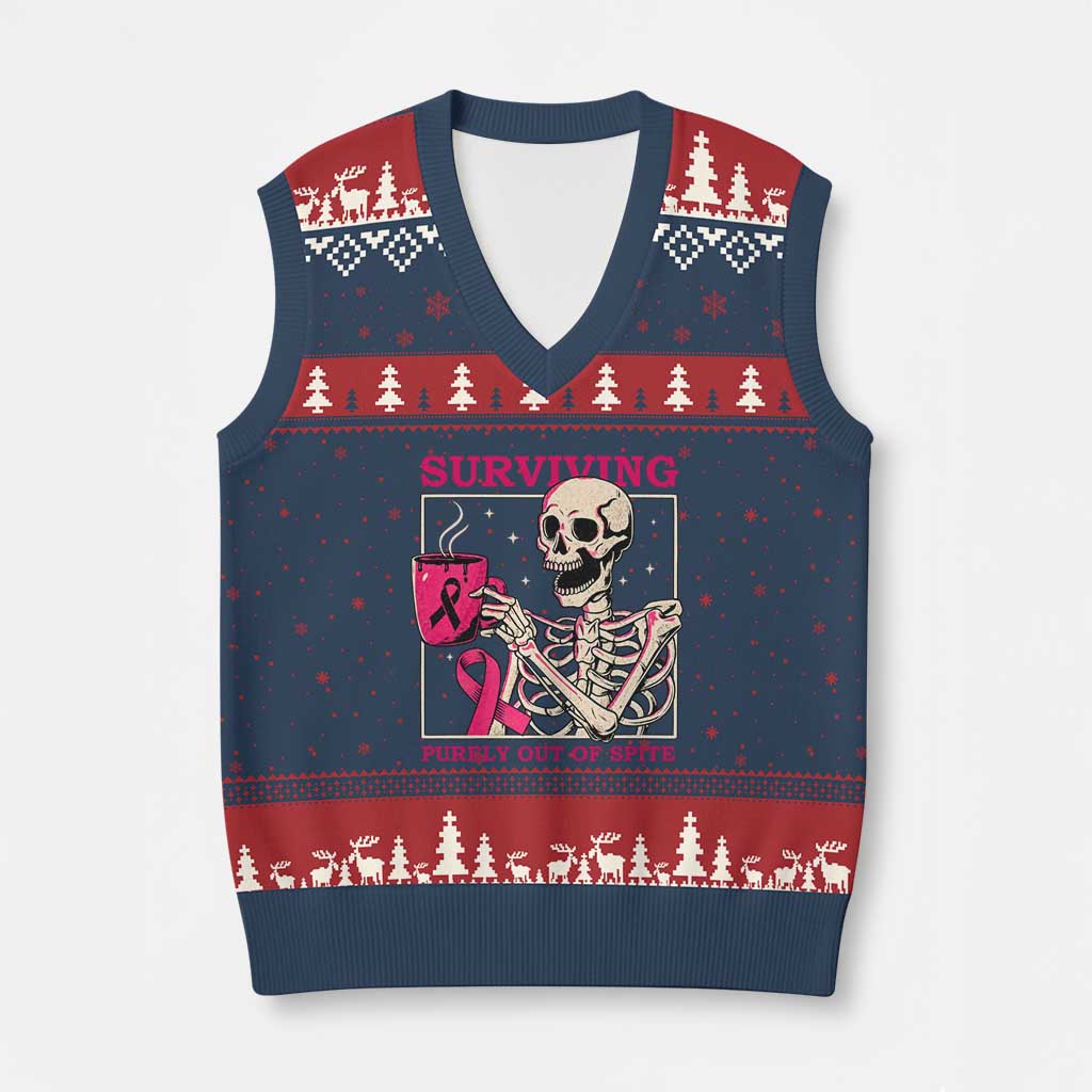 Funny Breast Cancer Skeleton Drinking Coffee V-Neck Knit Sweater Vest Surviving Purely Out Of Spite Pink Ribbon Warrior TS02 Navy Red Print Your Wear