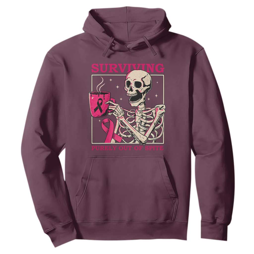 Funny Breast Cancer Skeleton Drinking Coffee Hoodie Surviving Purely Out Of Spite Pink Ribbon Warrior