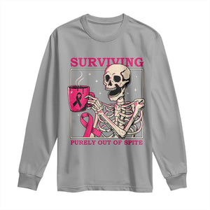 Funny Breast Cancer Skeleton Drinking Coffee Long Sleeve Shirt Surviving Purely Out Of Spite Pink Ribbon Warrior