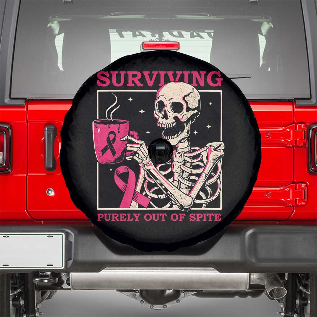 Funny Breast Cancer Skeleton Drinking Coffee Spare Tire Cover Surviving Purely Out Of Spite Pink Ribbon Warrior