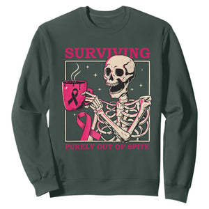 Funny Breast Cancer Skeleton Drinking Coffee Sweatshirt Surviving Purely Out Of Spite Pink Ribbon Warrior