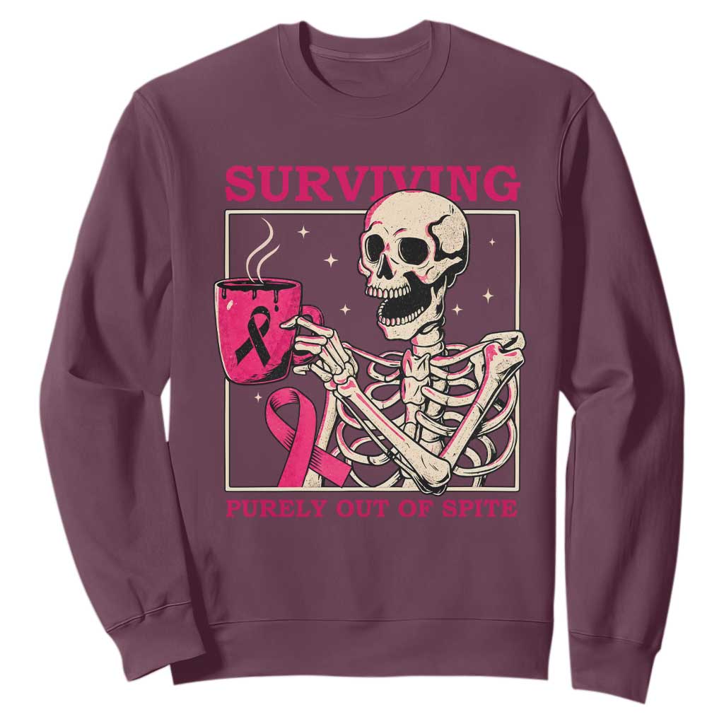 Funny Breast Cancer Skeleton Drinking Coffee Sweatshirt Surviving Purely Out Of Spite Pink Ribbon Warrior
