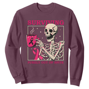 Funny Breast Cancer Skeleton Drinking Coffee Sweatshirt Surviving Purely Out Of Spite Pink Ribbon Warrior