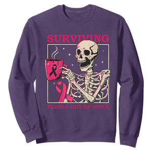 Funny Breast Cancer Skeleton Drinking Coffee Sweatshirt Surviving Purely Out Of Spite Pink Ribbon Warrior