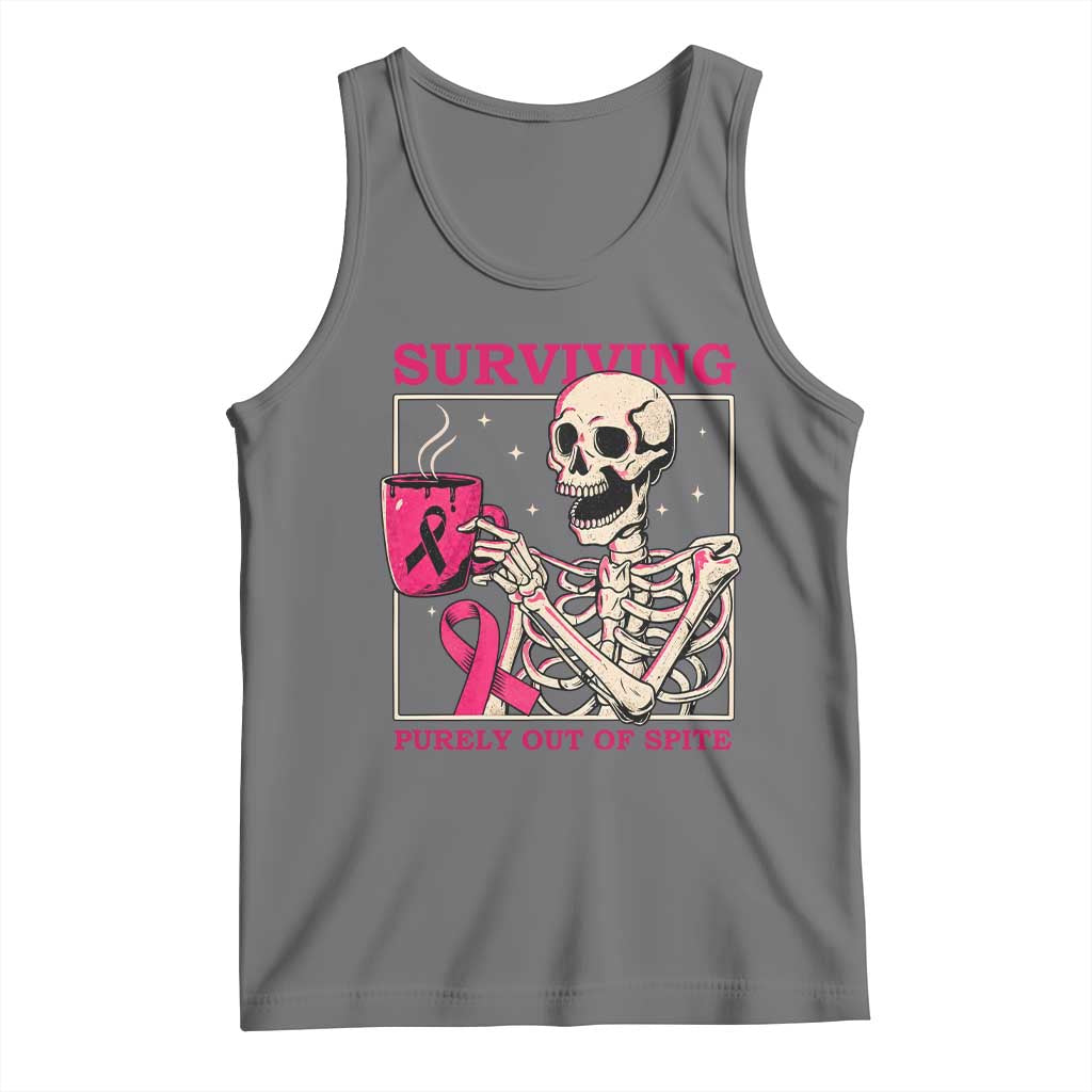 Funny Breast Cancer Skeleton Drinking Coffee Tank Top Surviving Purely Out Of Spite Pink Ribbon Warrior