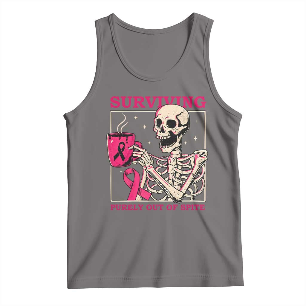 Funny Breast Cancer Skeleton Drinking Coffee Tank Top Surviving Purely Out Of Spite Pink Ribbon Warrior