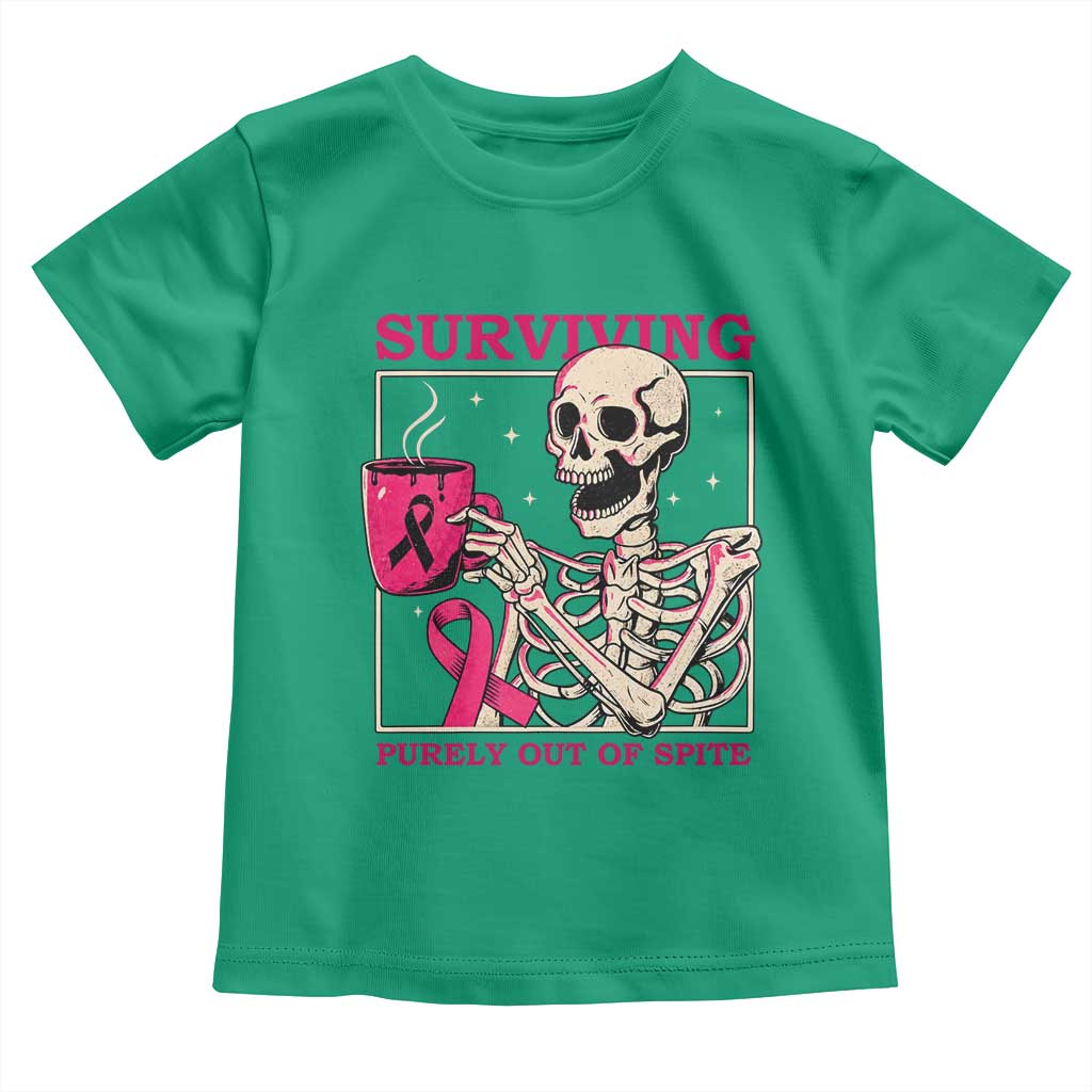 Funny Breast Cancer Skeleton Drinking Coffee Toddler T Shirt Surviving Purely Out Of Spite Pink Ribbon Warrior