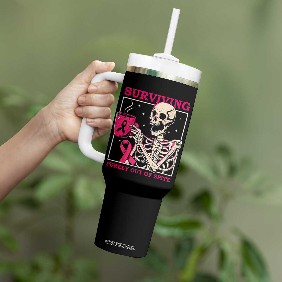 Funny Breast Cancer Skeleton Drinking Coffee Tumbler With Handle Surviving Purely Out Of Spite Pink Ribbon Warrior