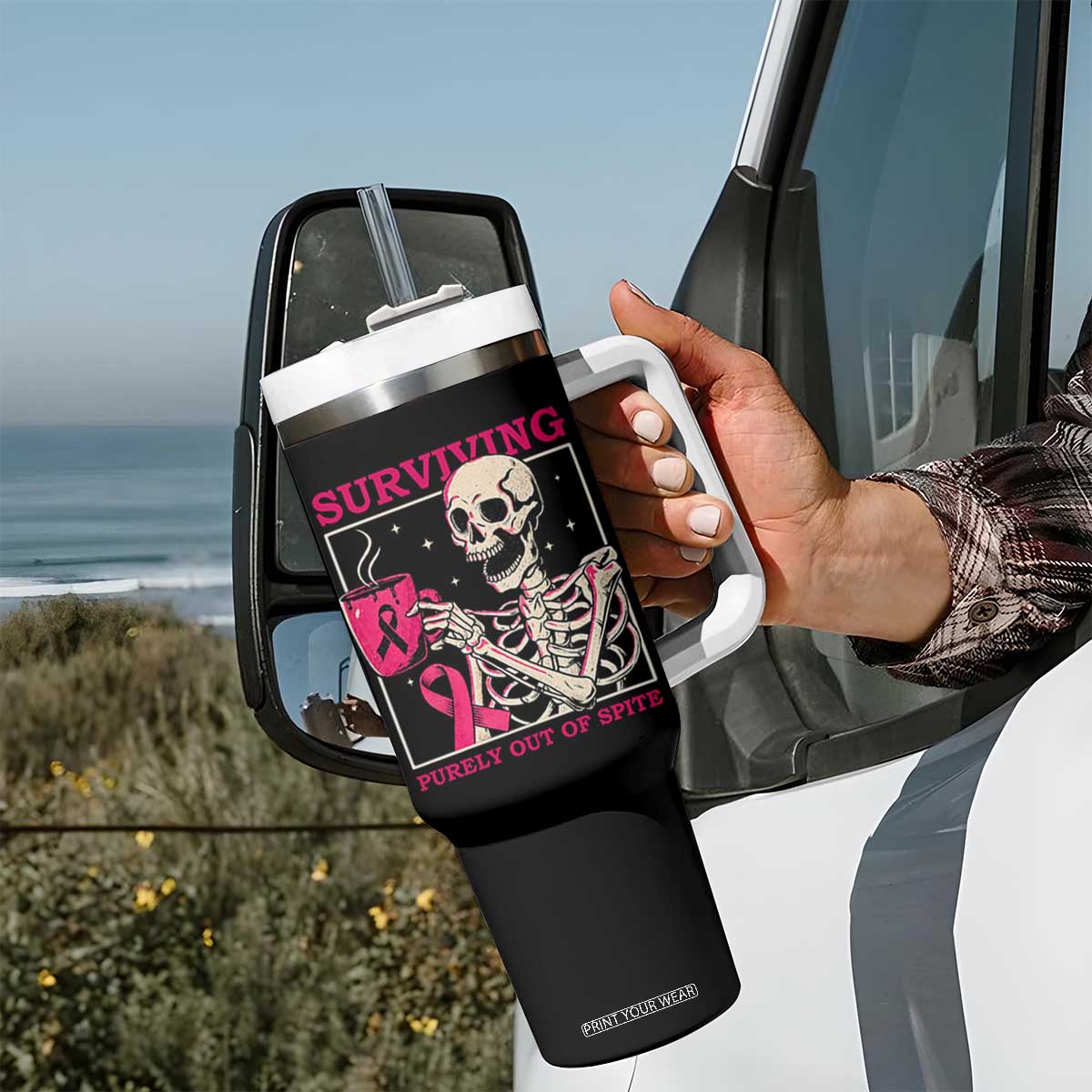 Funny Breast Cancer Skeleton Drinking Coffee Tumbler With Handle Surviving Purely Out Of Spite Pink Ribbon Warrior