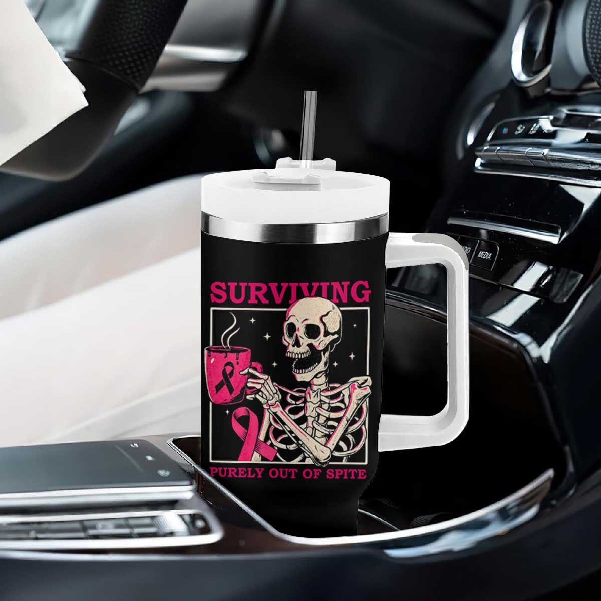 Funny Breast Cancer Skeleton Drinking Coffee Tumbler With Handle Surviving Purely Out Of Spite Pink Ribbon Warrior