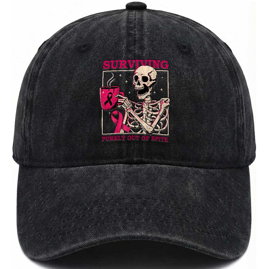 Funny Breast Cancer Skeleton Drinking Coffee Washed Cotton Baseball Cap Surviving Purely Out Of Spite Pink Ribbon Warrior TS02 Print Your Wear