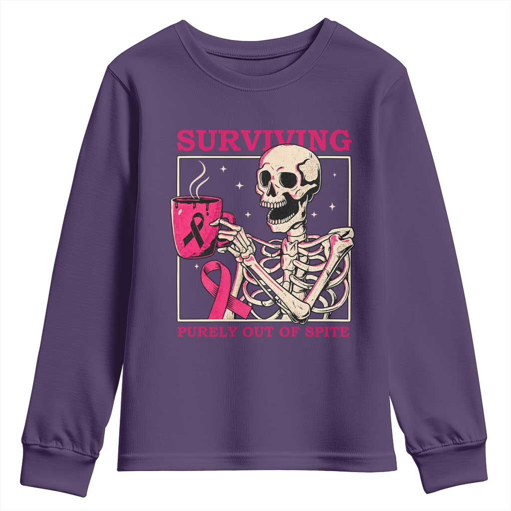 Funny Breast Cancer Skeleton Drinking Coffee Youth Sweatshirt Surviving Purely Out Of Spite Pink Ribbon Warrior