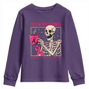 Funny Breast Cancer Skeleton Drinking Coffee Youth Sweatshirt Surviving Purely Out Of Spite Pink Ribbon Warrior