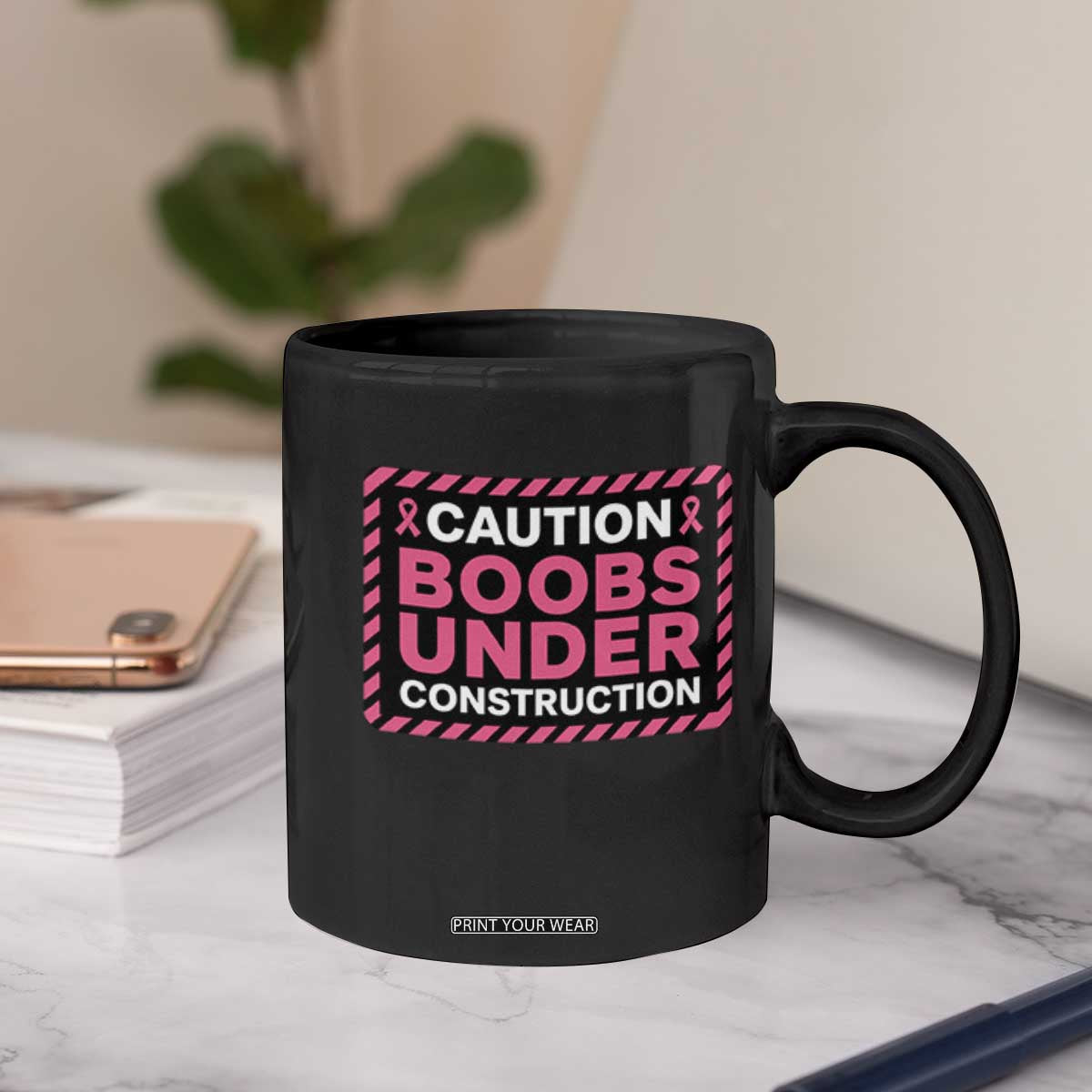 Funny Breast Cancer Surgery Mastectomy Coffee Mug Caution Boobs Under Construction Pink Ribbon Warrior