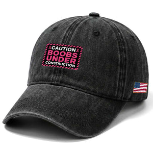 Funny Breast Cancer Surgery Mastectomy Washed Cotton Baseball Cap Caution Boobs Under Construction Pink Ribbon Warrior