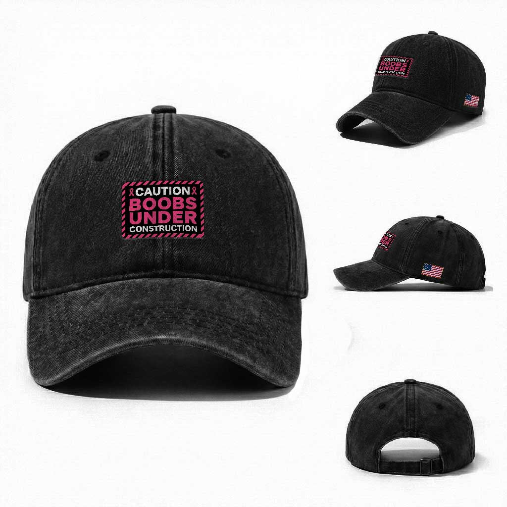Funny Breast Cancer Surgery Mastectomy Washed Cotton Baseball Cap Caution Boobs Under Construction Pink Ribbon Warrior