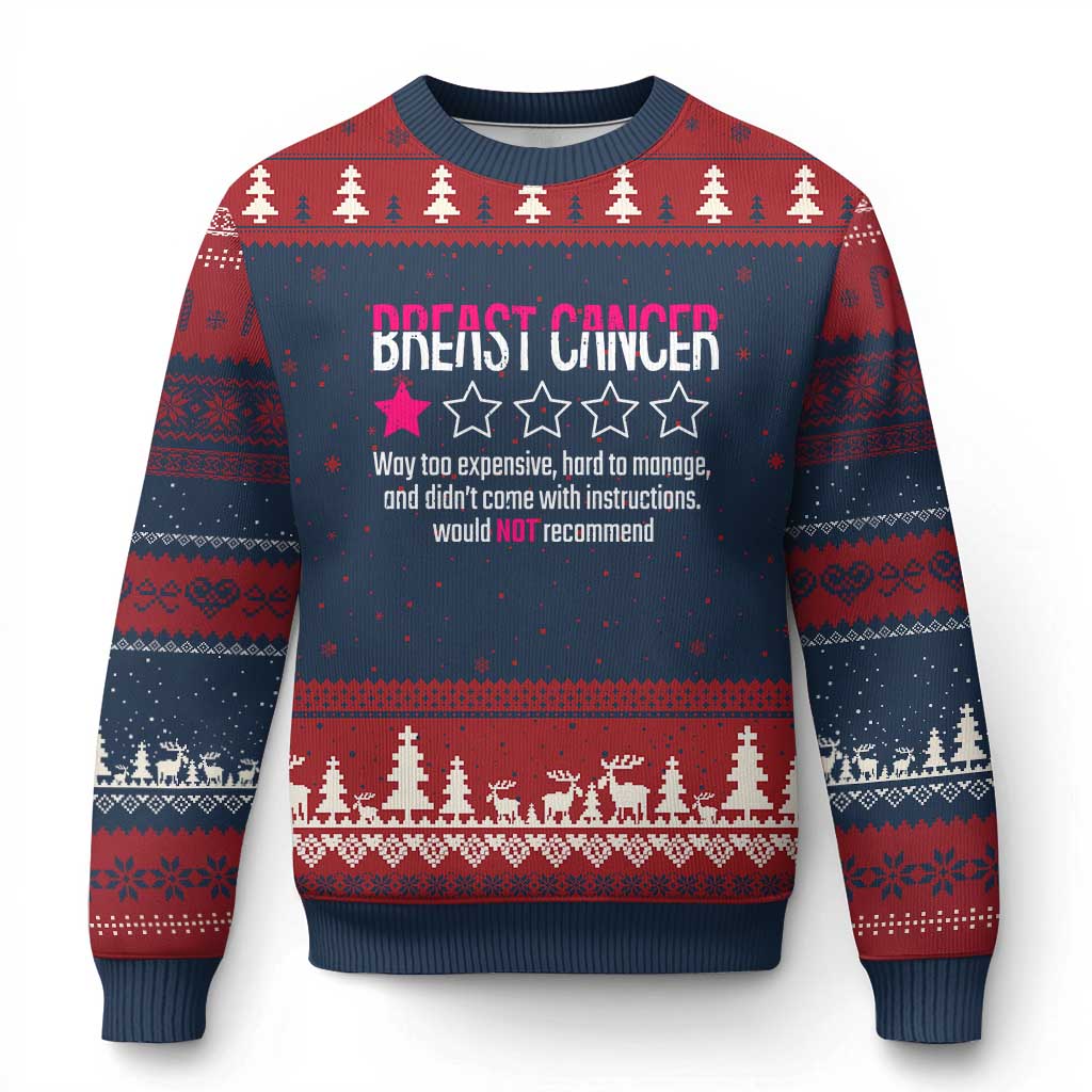 Funny Breast Cancer One Star Review Ugly Christmas Sweater Would Not Recommend Breast Cancer Warrior TS02 Navy Red Print Your Wear