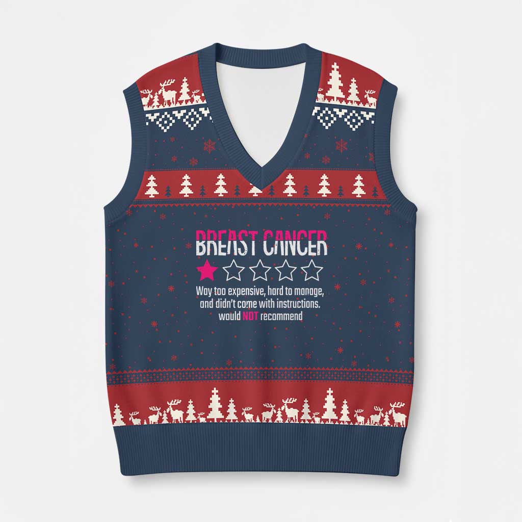 Funny Breast Cancer One Star Review V-Neck Knit Sweater Vest Would Not Recommend Breast Cancer Warrior TS02 Navy Red Print Your Wear