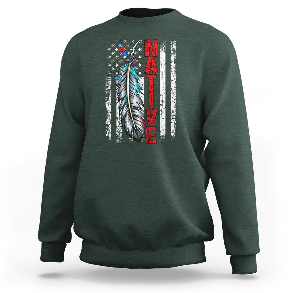 Native American Sweatshirt Indigenous American Indian Feather US Flag TS02 Dark Forest Green Printyourwear