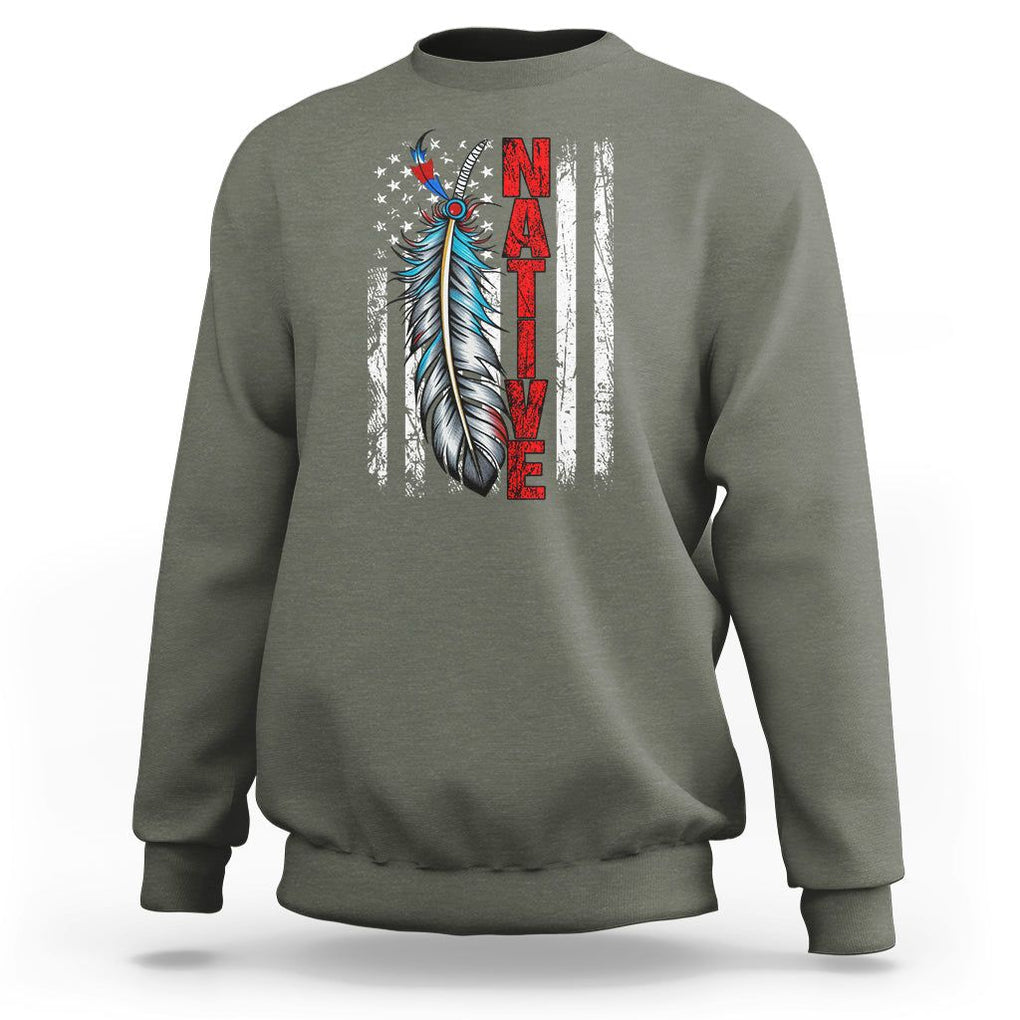 Native American Sweatshirt Indigenous American Indian Feather US Flag TS02 Military Green Printyourwear