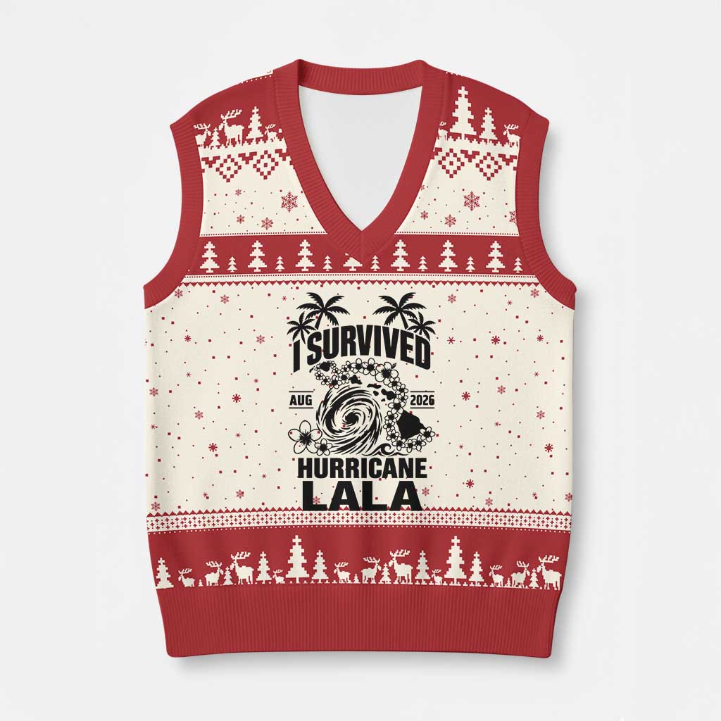 I Survived Hurricane Lala August 2026 V-Neck Knit Sweater Vest Hawaiian Islands Tropical Storm Survivor