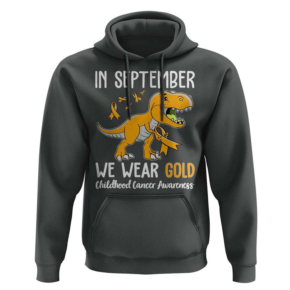 Childhood Cancer Awareness Dinosaur Hoodie In September We Wear Gold Ribbon Support Kids Warrior TS02 Dark Heather Print Your Wear