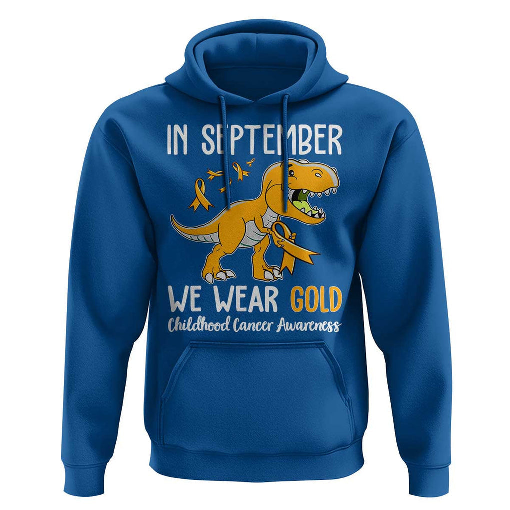 Childhood Cancer Awareness Dinosaur Hoodie In September We Wear Gold Ribbon Support Kids Warrior TS02 Royal Blue Print Your Wear