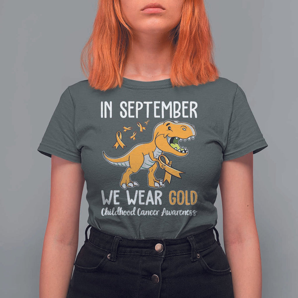 Childhood Cancer Awareness Dinosaur T Shirt For Women In September We Wear Gold Ribbon Support Kids Warrior TS02 Dark Heather Print Your Wear