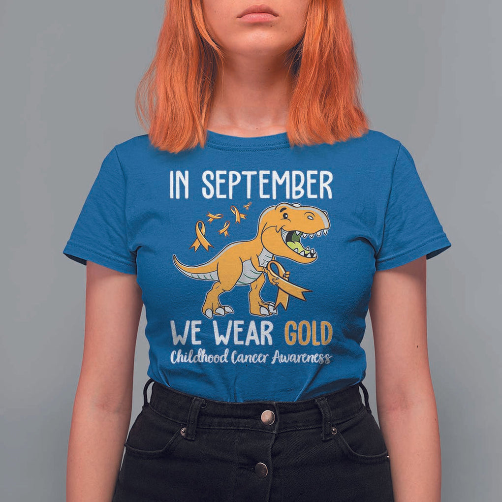 Childhood Cancer Awareness Dinosaur T Shirt For Women In September We Wear Gold Ribbon Support Kids Warrior TS02 Royal Blue Print Your Wear