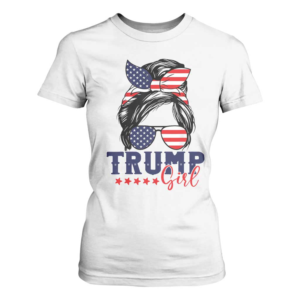 Trump Girl T Shirt For Women Messy Bun Support Trump 2024 Election American Flag TS02 White Print Your Wear