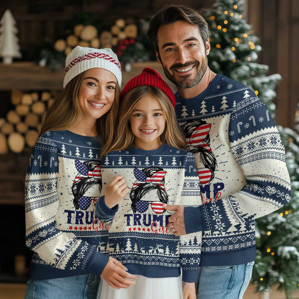 Trump Girl Ugly Christmas Sweater Messy Bun Support Trump 2024 Election American Flag TS02 Navy Print Your Wear