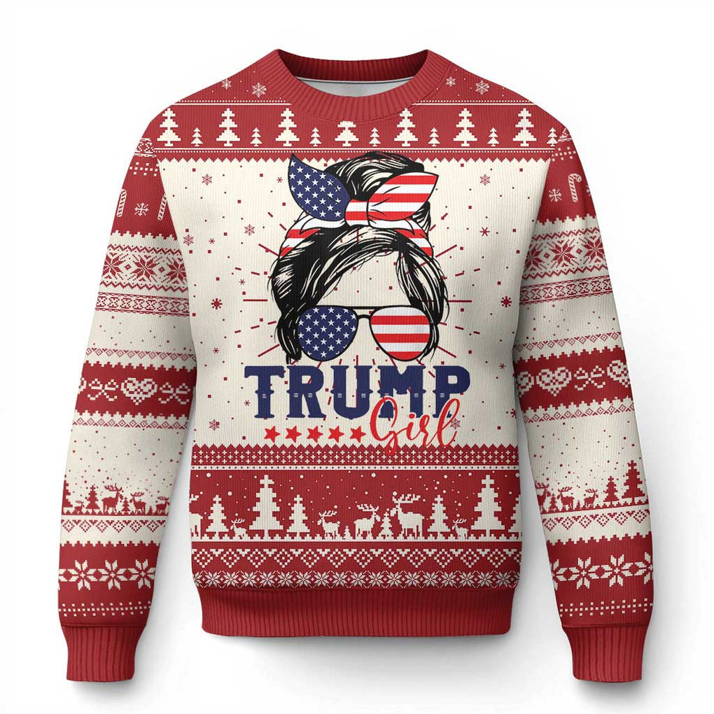 Trump Girl Ugly Christmas Sweater Messy Bun Support Trump 2024 Election American Flag TS02 Red Print Your Wear