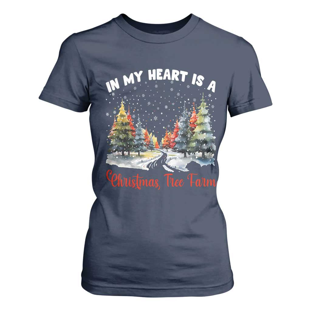 Funny Christmas T Shirt For Women In My Heart Is A Xmas Tree Farm Retro Vintage Clothing TS02 Navy Print Your Wear