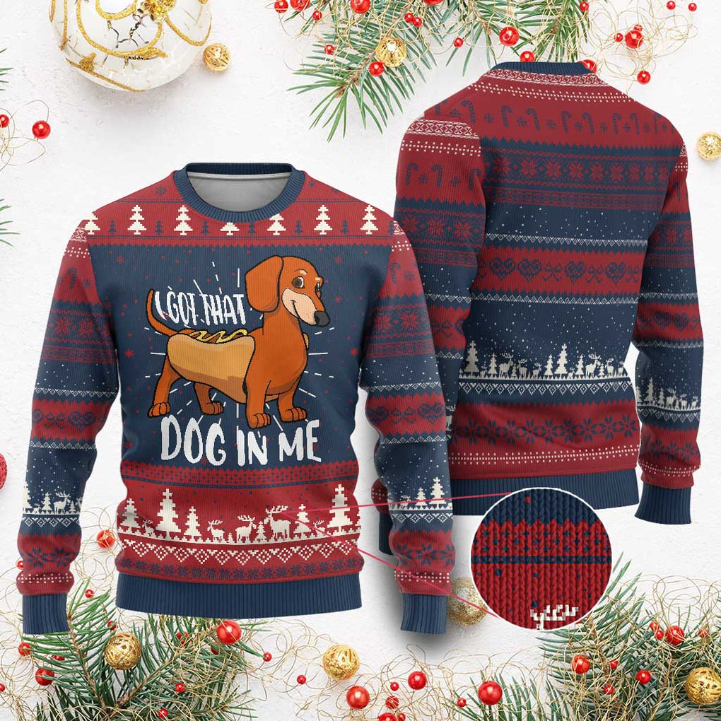 Funny Dachshund Ugly Christmas Sweater I Got That Dog In Me Wiener Sausage Hotdog Meme TS02 Burgundy Print Your Wear