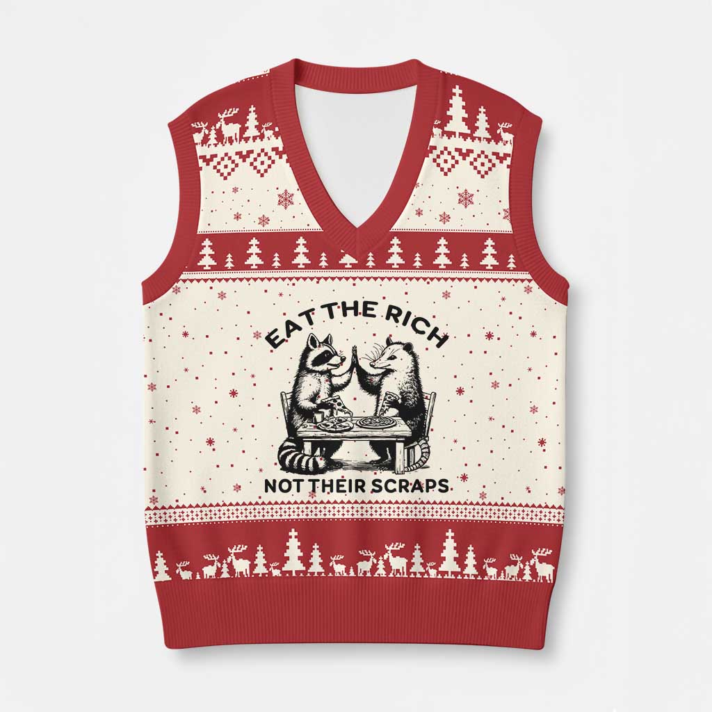 Funny Raccoon Possum Meme V-Neck Knit Sweater Vest Eat The Rich Not Their Scraps Sarcasm Retro Minimalist TS02 Beige Red Print Your Wear