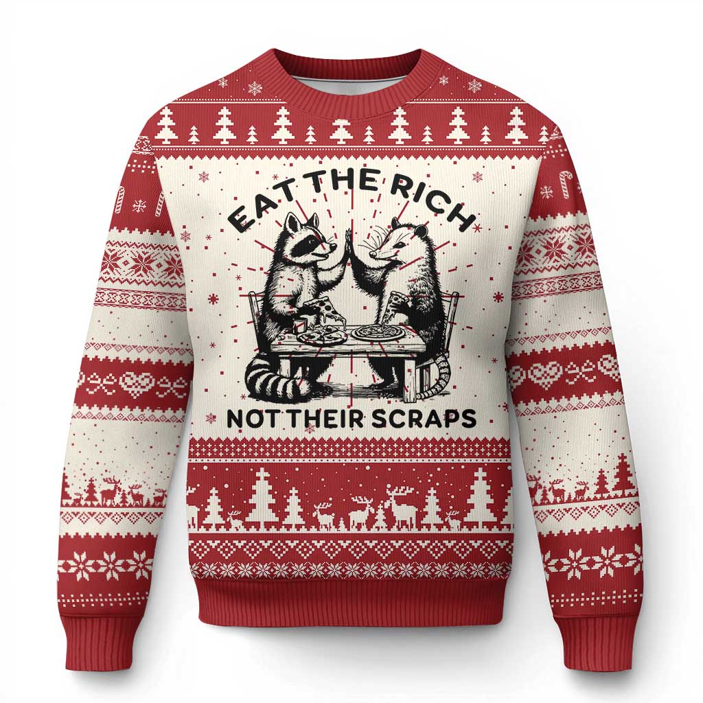 Funny Raccoon Possum Meme Knit Sweatshirt Eat The Rich Not Their Scraps Sarcasm Retro Minimalist TS02 Red Print Your Wear
