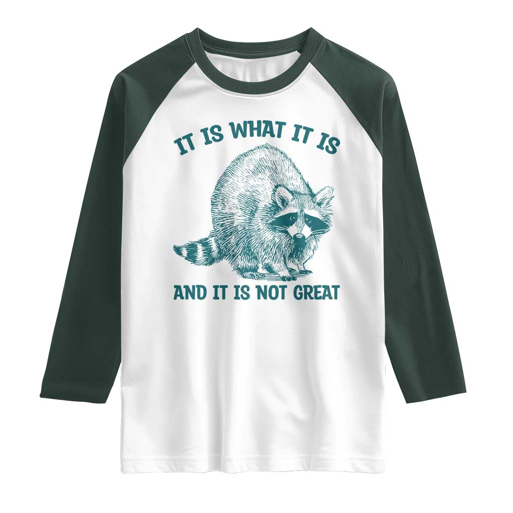 Funny Raccoon Meme It Is What It Is Raglan Shirt And It Is Not Great Mental Health Support TS02 White Dark Forest Green Print Your Wear