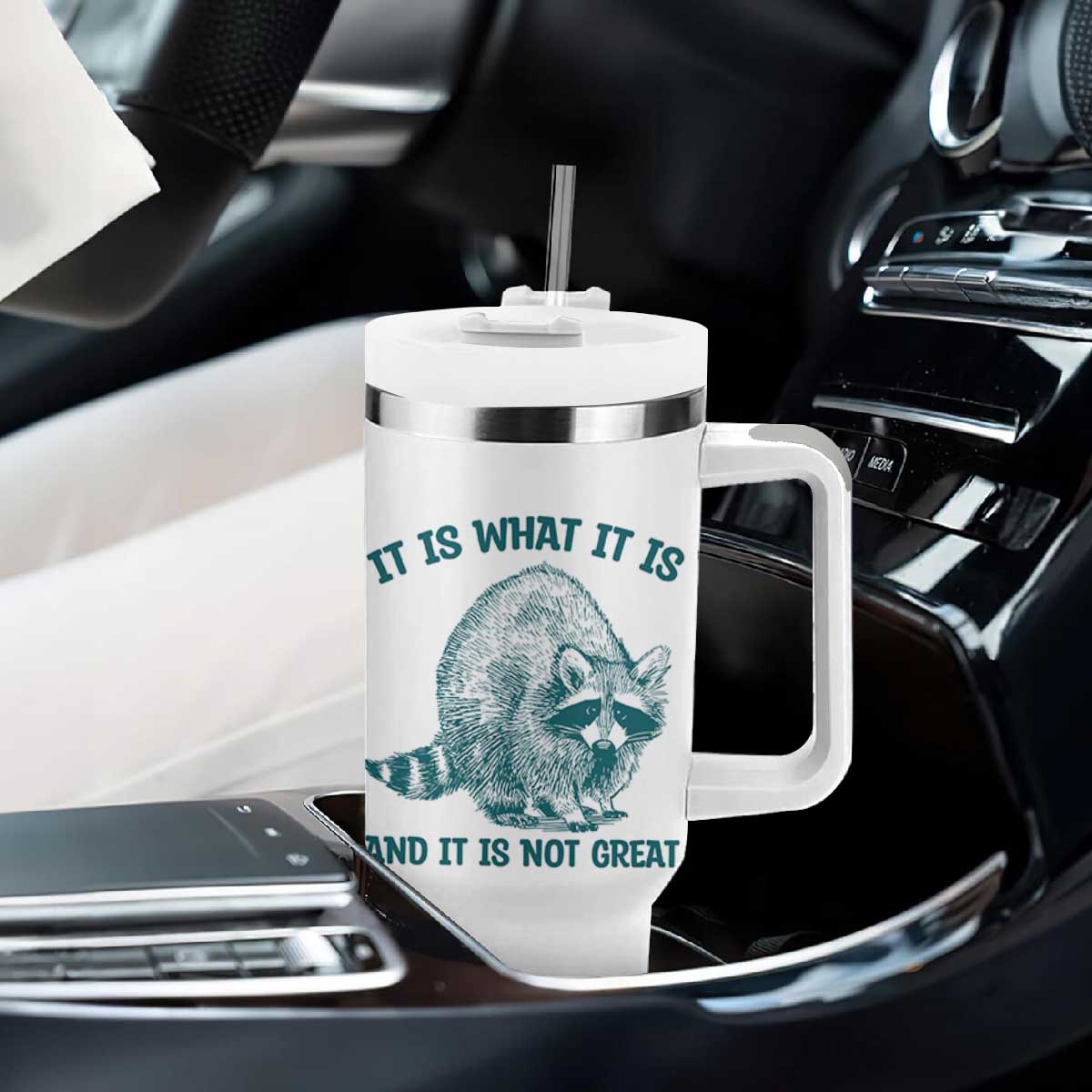 Funny Raccoon Meme It Is What It Is Tumbler With Handle And It Is Not Great Mental Health Support TS02 Print Your Wear