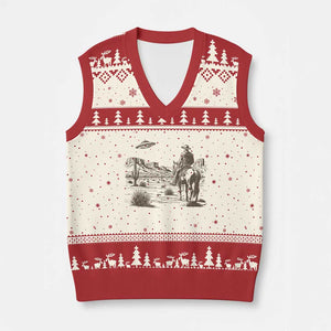 UFO Western Cowboy V-Neck Knit Sweater Vest Rodeo Wild West Retro Vintage Graphic TS02 Beige Red Print Your Wear