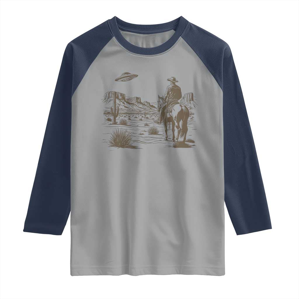 UFO Western Cowboy Raglan Shirt Rodeo Wild West Retro Vintage Graphic TS02 Sport Gray Navy Print Your Wear