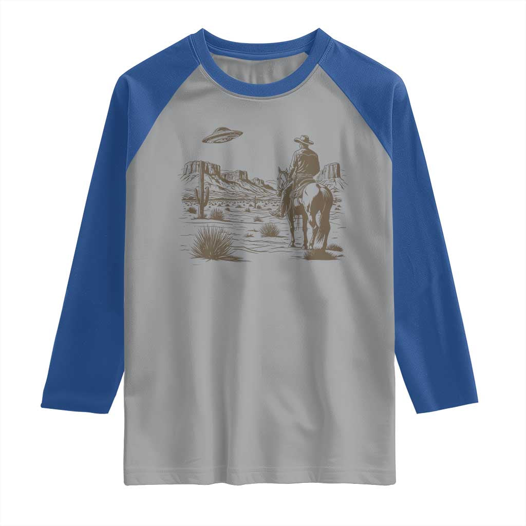 UFO Western Cowboy Raglan Shirt Rodeo Wild West Retro Vintage Graphic TS02 Sport Gray Royal Print Your Wear