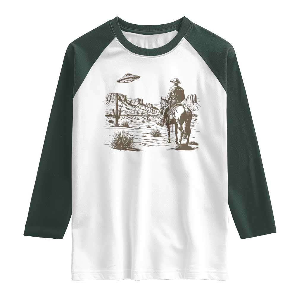 UFO Western Cowboy Raglan Shirt Rodeo Wild West Retro Vintage Graphic TS02 White Dark Forest Green Print Your Wear