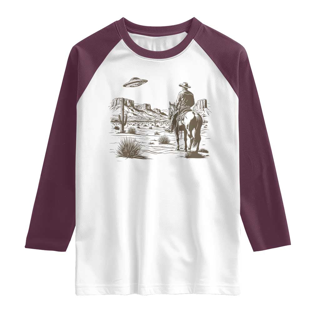 UFO Western Cowboy Raglan Shirt Rodeo Wild West Retro Vintage Graphic TS02 White Maroon Print Your Wear